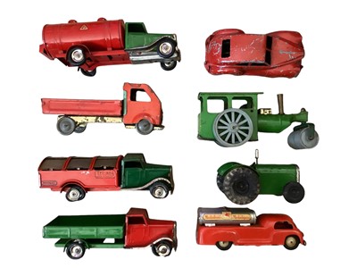 Lot 61 - Tinplate selection to include Triang Minic clockwork models London Buses, British Rail, Minic Transport lorry, Petrol Tanker & others plus Chad Valley Express Removals Van, Timpo friction di...