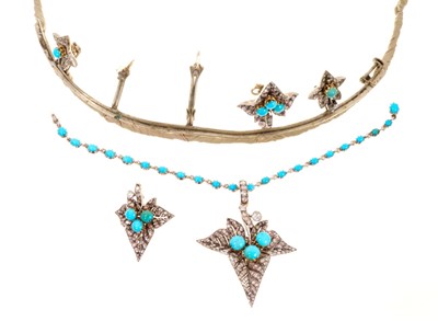 Lot 401 - Fine Victorian diamond and turquoise tiara/necklace with five graduated detachable ivy leaves with pavé set rose cut diamonds and turquoise cabochons to a turquoise collet set chain, detaches to...