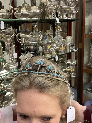 Lot 401 - Fine Victorian diamond and turquoise tiara/necklace with five graduated detachable ivy leaves with pavé set rose cut diamonds and turquoise cabochons to a turquoise collet set chain, detaches to...