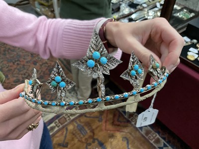 Lot 401 - Fine Victorian diamond and turquoise tiara/necklace with five graduated detachable ivy leaves with pavé set rose cut diamonds and turquoise cabochons to a turquoise collet set chain, detaches to...