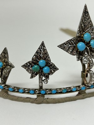 Lot 401 - Fine Victorian diamond and turquoise tiara/necklace with five graduated detachable ivy leaves with pavé set rose cut diamonds and turquoise cabochons to a turquoise collet set chain, detaches to...