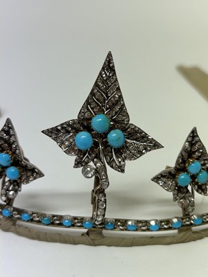 Lot 401 - Fine Victorian diamond and turquoise tiara/necklace with five graduated detachable ivy leaves with pavé set rose cut diamonds and turquoise cabochons to a turquoise collet set chain, detaches to...