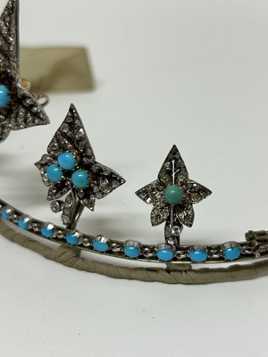 Lot 401 - Fine Victorian diamond and turquoise tiara/necklace with five graduated detachable ivy leaves with pavé set rose cut diamonds and turquoise cabochons to a turquoise collet set chain, detaches to...