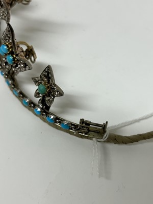 Lot 401 - Fine Victorian diamond and turquoise tiara/necklace with five graduated detachable ivy leaves with pavé set rose cut diamonds and turquoise cabochons to a turquoise collet set chain, detaches to...