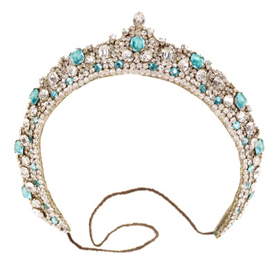 Lot 402 - 1950s paste set tiara with aquamarine coloured paste stones and multi cut brilliants in a fitted Fortnum & Mason box