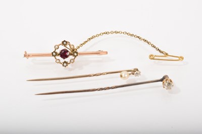 Lot 405 - Victorian diamond stick pin with an old cut diamond estimated to weigh approximately 0.20cts, antique old cut diamond and pearl stick pin together with an Edwardian 9ct gold garnet and seed pear...