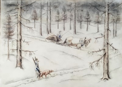 Lot 64 - Mid 20th century Continental School watercolour and charcoal - Snow Covered Woodland with Horse and Cart, initialled FJ and dated 1947