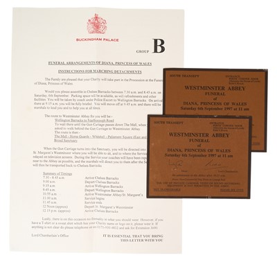 Lot 44 - The Funeral of Diana, Princess of Wales Saturday 6th September 1997, two entrance tickets and letter of funeral arrangements (3)