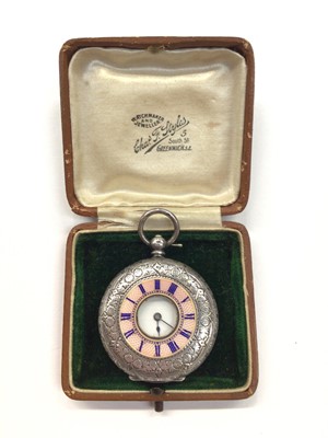 Lot 1004 - 19th century Swiss silver half hunter fob watch