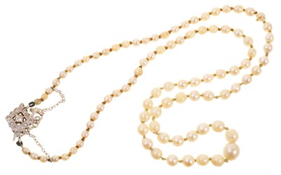 Lot 412 - Antique cultured pearl necklace with a string of graduated cultured pearls measuring approximately 6.9mm to 2.2mm, on an 18ct white gold diamond set clasp