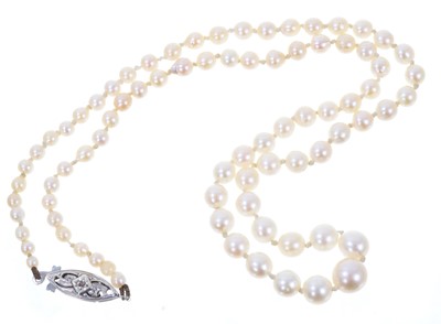 Lot 413 - Antique cultured pearl necklace with a string of graduated cultured pearls measuring approximately 7.5mm to 2.6mm, on an 9ct white gold clasp, 46cm long