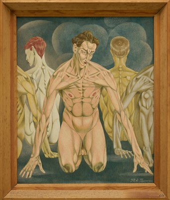 Lot 998 - *Francis Plummer (1930-2019) egg tempera on board - Kneeling Figures, signed, framed, 61cm x 50cm