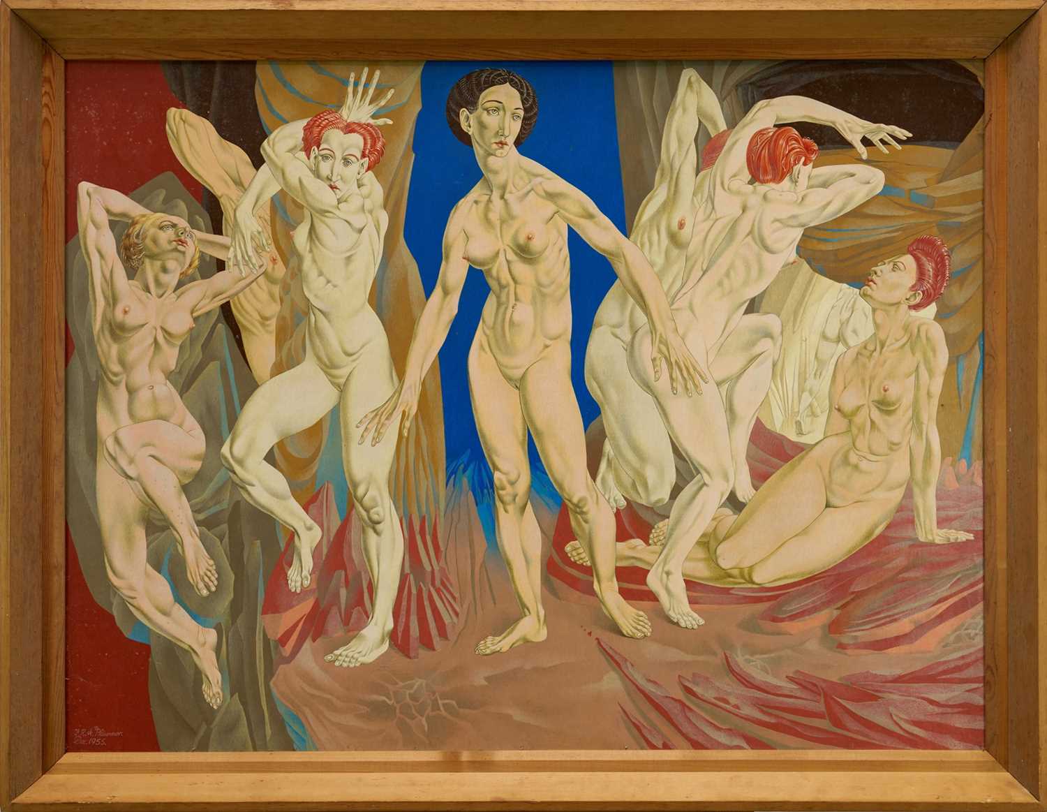 Lot 292 - *Francis Plummer (1930-2019) egg tempera on board - Acrobats, signed and dated April 1958, framed, 100cm x 75cm