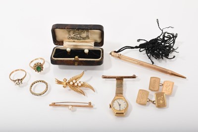 Lot 419 - 9ct gold seed pearl fern brooch, 9ct gold propelling pencil, pair of 9ct gold cufflinks, three 9ct gold rings, gold cased nurse's watch, gold and cultured pearl studs and bar brooch