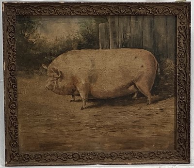 Lot 114 - English School, A Prize Pig in a Sty. Oil on board in glazed frame