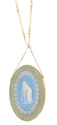 Lot 427 - Antique Wedgwood Jasperware pendant necklace, the oval panel depicitng an allegory of Hope in a 15ct gold mount suspended from a gold trace chain with seed pearl spacers, 45cm long