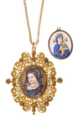 Lot 428 - Two antique continental devotional enamel pendants, one in gilt metal filigree mount on chain and the other set in silver