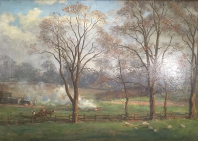 Lot 116 - Alfred Morgan, oil on canvas, Distant view of a farm with figures and trees, signed