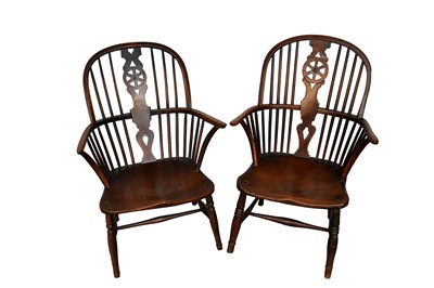 Lot 1225 - Near pair of early 19th century ash, fruitwood and elm Windsor chairs