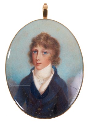 Lot 744 - Portrait miniature on ivory of a young boy in glazed gold mounted frame