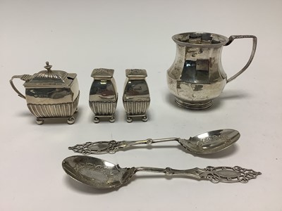 Lot 381 - George IV silver christening mug (London 1829), a Victorian silver three piece cruet and a pair of Mappin & Webb silver preserve spoons, all at 9.5ozs