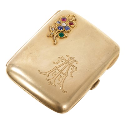 Lot 435 - Edwardian silver gilt and gem set cigarette case with applied flower motif set with rubies, diamonds, sapphires and an emerald, engraved monogram, sponsor's mark AF&Co. (Birmingham 1907) 85m...