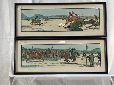 Lot 72 - Jack Butler Yeats - The Start, and The Finish (Strand Races), a pair of 20th century hand-coloured woodcuts, published by the Cuala Press, each 17cm x 48cm, both within ebonized wood frames.