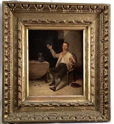 Lot 71 - 19th century Dutch-style oil on panel - man in an interior with wine, flagon and pipe, faint inscriptions stencils verso, 20cm x 17cm, in gilt frame