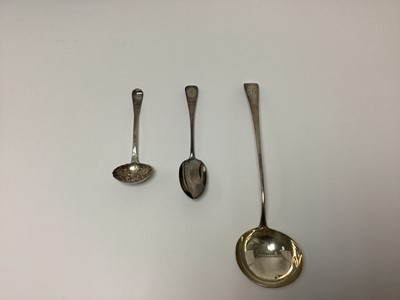 Lot 285 - Georgian ladle, moustache spoon and a sifter spoon