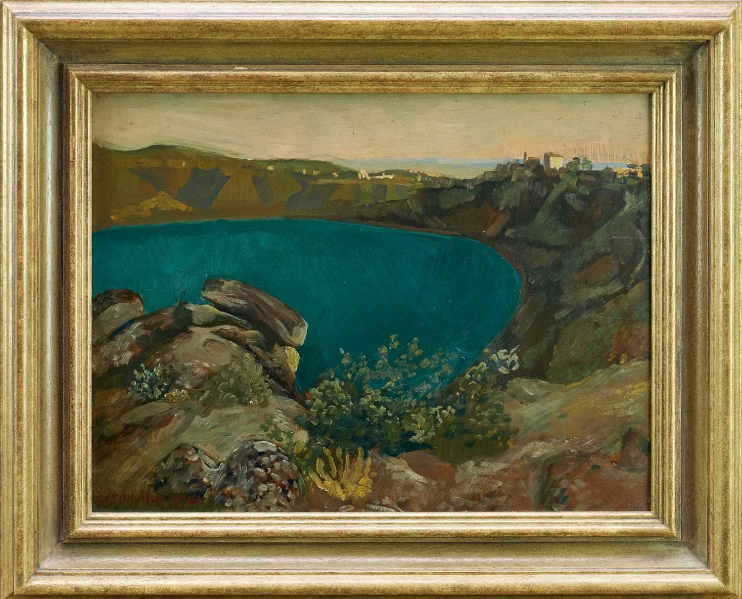 Lot 946 - *John Aldridge (1905-1983) oil on board - 'Lake Nemi 1952', signed, inscribed and signed verso, 27cm x 35cm, in gilt frame