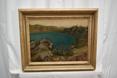 Lot 946 - *John Aldridge (1905-1983) oil on board - 'Lake Nemi 1952', signed, inscribed and signed verso, 27cm x 35cm, in gilt frame