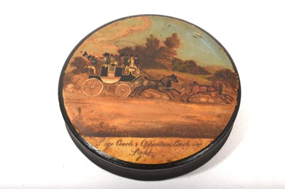 Lot 740 - Early 19th century papier mâché ‘coaching’ snuff box