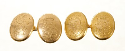 Lot 479 - Pair of Victorian 18ct gold cufflinks, the oval panels with engraved Gothic monogram and coronet