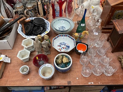 Lot 447 - Two 18th century Chinese bowls, other ceramics, Chinese hardwood stands, decanters and glasses.