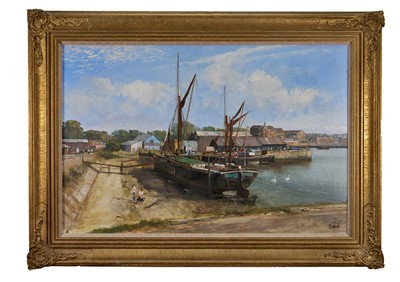 Lot 1068 - *Clive Madgwick (1939-2005) oil on canvas - Ethel May, Mistley Docks, 1987, signed, 61cm x 91cm, in gilt frame