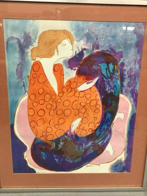 Lot 608 - Linda Le Kinff print of a seated lady in orange dress, marked CCA London, in glazed frame