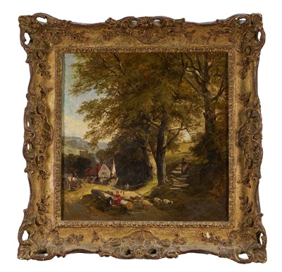 Lot 1124 - John Middleton (1827-1856) oil on canvas - Figures and sheep in a Rural Lane, signed, 42cm square, in gilt frame