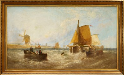 Lot 1476 - William Calcott Knell (1830-1880) oil on canvas - Fishing boats off the Dutch Coast, signed, further signed, titled and dated 1874 verso, 76cm x 127cm, in gilt frame