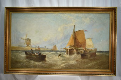 Lot 1476 - William Calcott Knell (1830-1880) oil on canvas - Fishing boats off the Dutch Coast, signed, further signed, titled and dated 1874 verso, 76cm x 127cm, in gilt frame