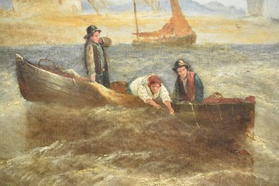 Lot 1476 - William Calcott Knell (1830-1880) oil on canvas - Fishing boats off the Dutch Coast, signed, further signed, titled and dated 1874 verso, 76cm x 127cm, in gilt frame