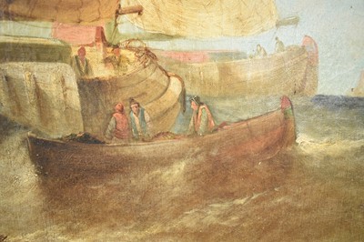 Lot 1476 - William Calcott Knell (1830-1880) oil on canvas - Fishing boats off the Dutch Coast, signed, further signed, titled and dated 1874 verso, 76cm x 127cm, in gilt frame