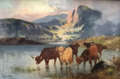 Lot 311 - H Lambert oil on canvas - Highland cattle, signed, 40cm x 60cm, in gilt frame