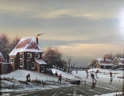 Lot 6 - Johannes Kaiser (Dutch 1928) oil on board - Winter landscape, 18cm x 23.5cm, in gilt frame