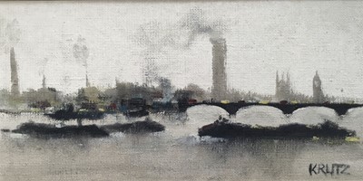 Lot 289 - Manner of Anthony Robert Krlitz (1917-2000) oil on canvas - London, The Thames, signed, 30cm x 60cm, framed (2)