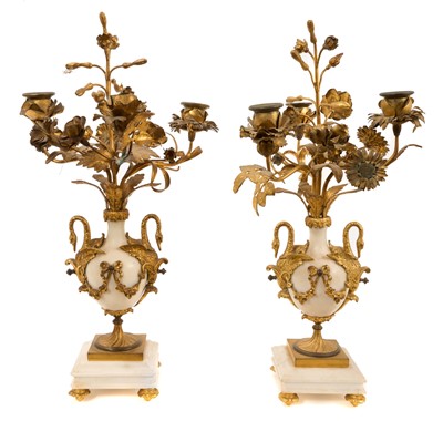 Lot 698 - Pair of 19th century ormolu and white marble candelabra in the classical style