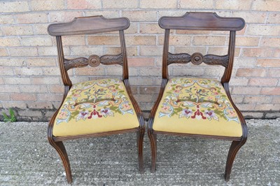 Lot 1168 - Pair of Regency mahogany dining chairs, each with carved bar back and slip in seat