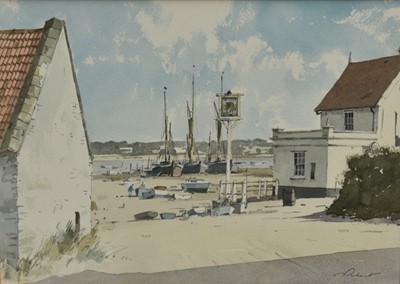 Lot 1050 - *Stanley Orchart (1920-2005) watercolour - 'Pin Mill', signed, 25cm x 35cm, in glazed gilt frame