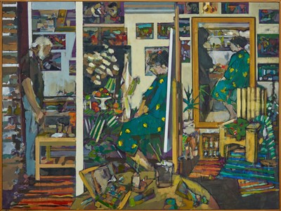 Lot 994 - Lynn Bushell (b.1946) oil on canvas - The Artists Studio, 91.5cm x 122cm, framed.