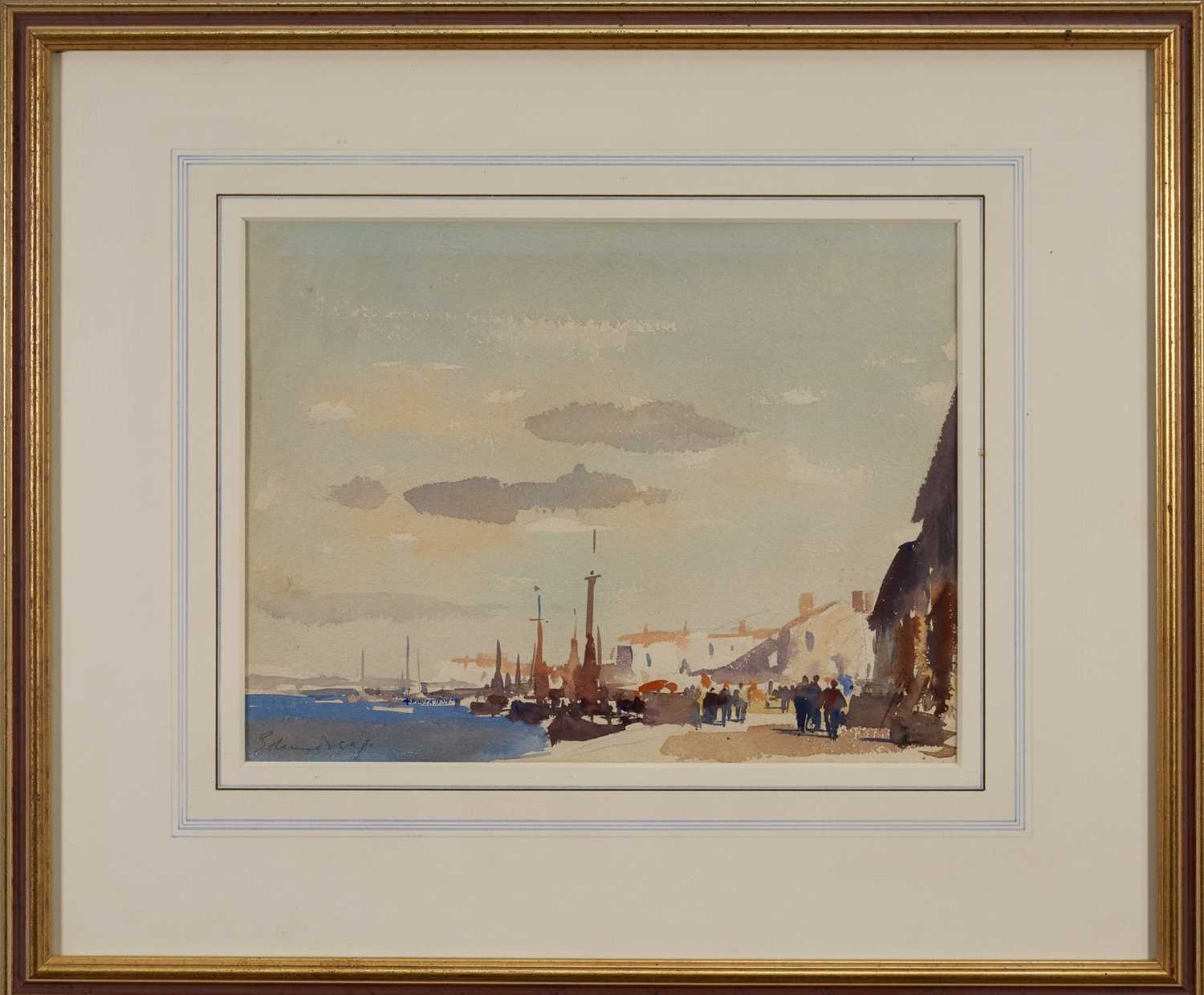 Lot 1445 - *Edward Seago (1910-1974) watercolour - Portuguese Quayside, signed, 26.5cm x 35cm, in glazed gilt frame