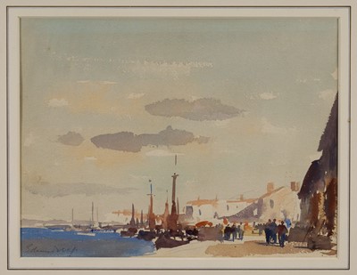 Lot 1445 - *Edward Seago (1910-1974) watercolour - Portuguese Quayside, signed, 26.5cm x 35cm, in glazed gilt frame